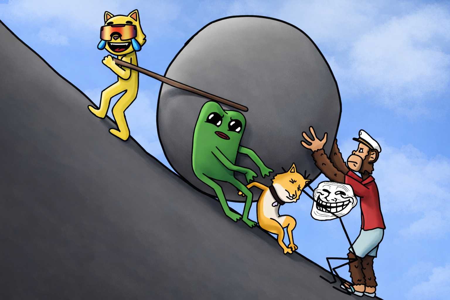 Trenchers pushing the boulder together